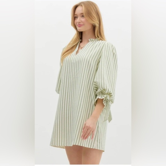 Entro Green Striped V-Neck Shift Dress - Picture 5 of 10